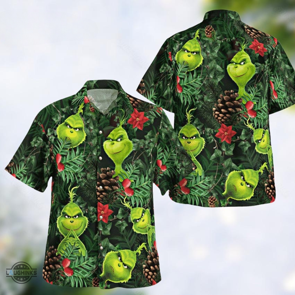 Grinch Button Up Shirt All Over Print Santa Claus Tropical Grinch Hawaiian Shirt And Shorts Summer Vacation Christmas Movie Set Gift For Men Merry Grinchmas