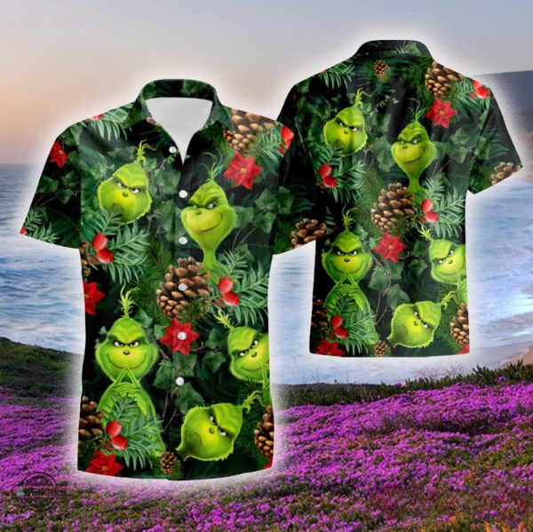 grinch button up shirt all over print santa claus tropical grinch hawaiian shirt and shorts summer vacation christmas movie set gift for men merry grinchmas laughinks 2