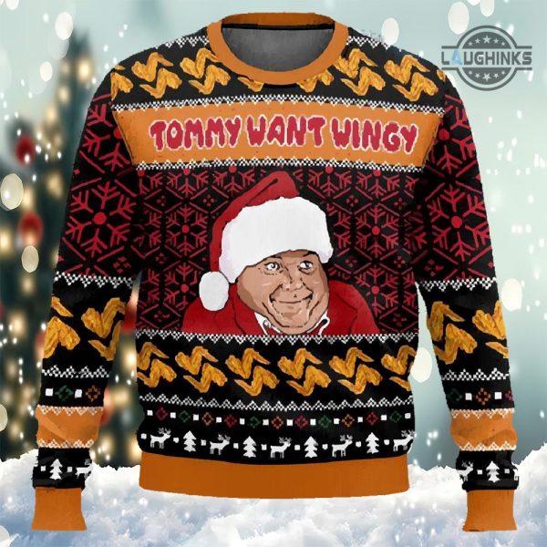 tommy want wingy christmas sweater all over printed santa chris farley tommy likey funny ugly artificial wool sweatshirt ho ho holy laughinks 1