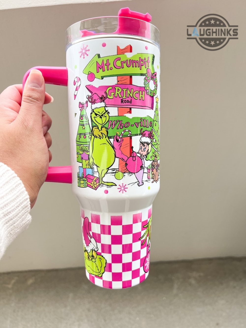 Grinch Stainless Steel Tumbler Custom Handle Color Grinch 40 Oz Tumblers 40Oz Stanley Cup Grinchmas Whoville University Pink Christmas Travel Mug