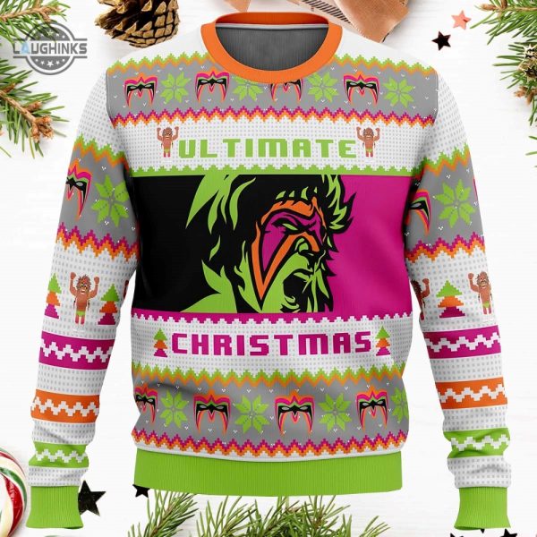 ultimate warrior ugly christmas sweater all over printed pro wrestling xmas artificial wool sweatshirt wrestler wwe the ultimate warrior christmas jumper laughinks 1
