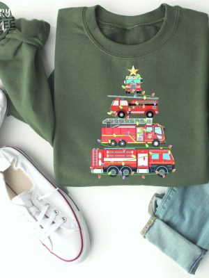 Firefighter Truck Christmas Tree Sweatshirt Fireman Xmas Shirt Firetruck Christmas Shirt Firefighter Wife Fire Truck Christmas Tree Tee Unique revetee 3