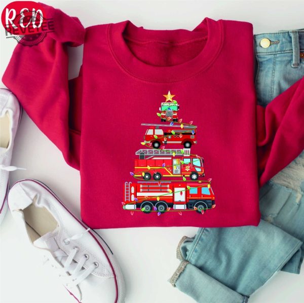 Firefighter Truck Christmas Tree Sweatshirt Fireman Xmas Shirt Firetruck Christmas Shirt Firefighter Wife Fire Truck Christmas Tree Tee Unique revetee 5