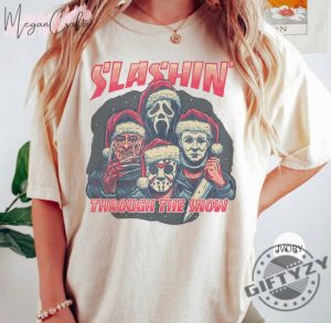 Horror Guys Christmas Shirt Slashin Through The Snow Hoodie Goth Christmas Sweatshirt Ghost Face Freddy Jason Michael Myers Tshirt Holiday Shirt giftyzy 2