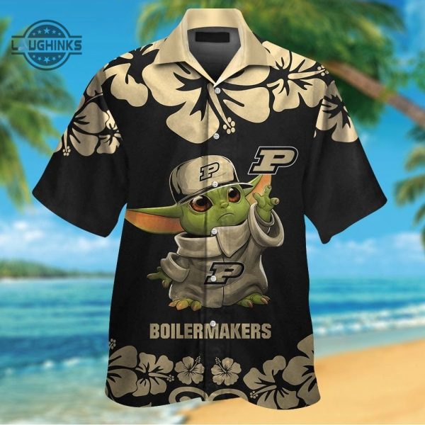 purdue hawaiian shirt and shorts ncaa purdue boilermakers baby yoda gold black aloha shirts basketball star wars button up shirt laughinks 1