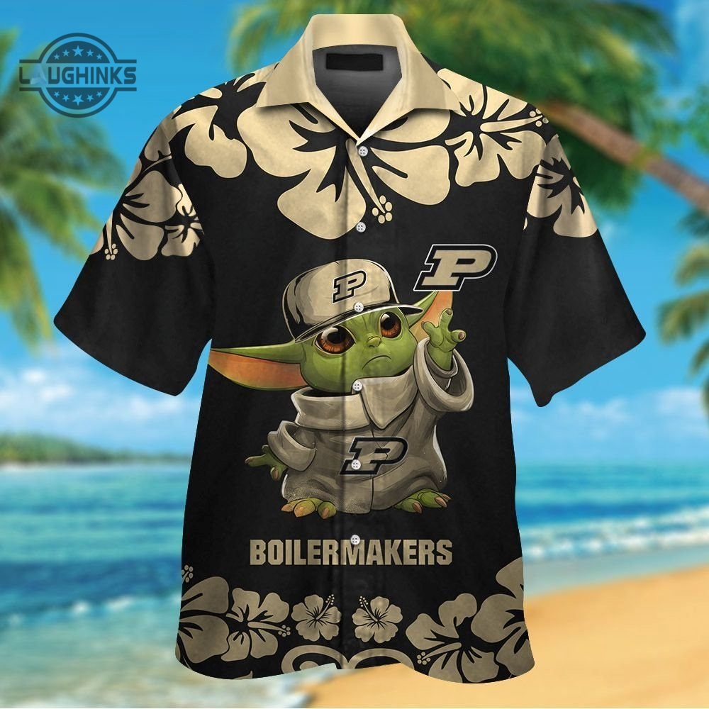 Purdue Hawaiian Shirt And Shorts Ncaa Purdue Boilermakers Baby Yoda Gold Black Aloha Shirts Basketball Star Wars Button Up Shirt