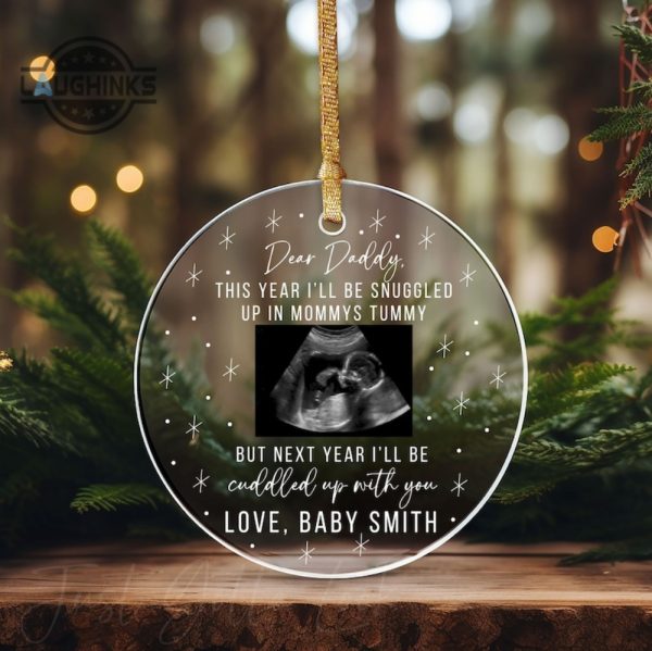 personalized baby ornaments first christmas ill be snuggled up in mommys tummy ornament upload ultrasound photo new expecting dad gift from the bump laughinks 1