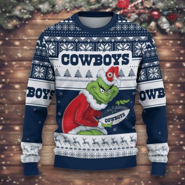 dallas cowboys christmas sweater all over printed dallas cowboys the grinch white blue ugly xmas artificial wool sweatshirt football game day gift for fan laughinks 1