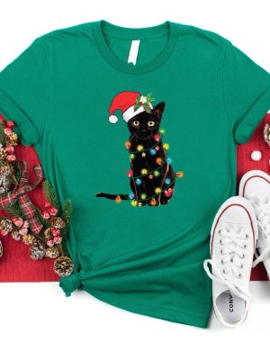 Black Cat Christmas Tree Lights Shirt Christmas Shirt Women Christmas Shirt Christmas Gift Christmas Family Shirt Xmas Matching Pajama Unique revetee 2