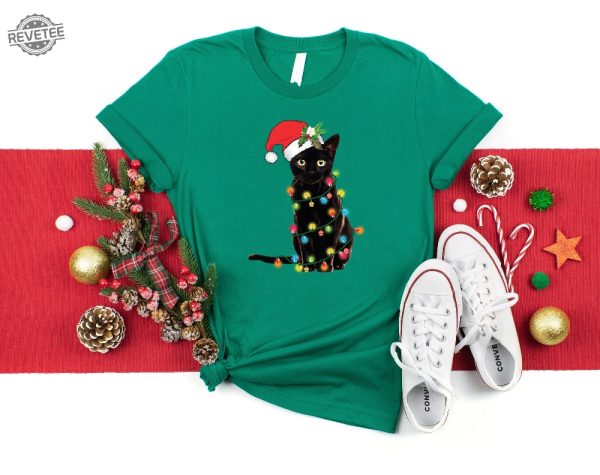 Black Cat Christmas Tree Lights Shirt Christmas Shirt Women Christmas Shirt Christmas Gift Christmas Family Shirt Xmas Matching Pajama Unique revetee 2