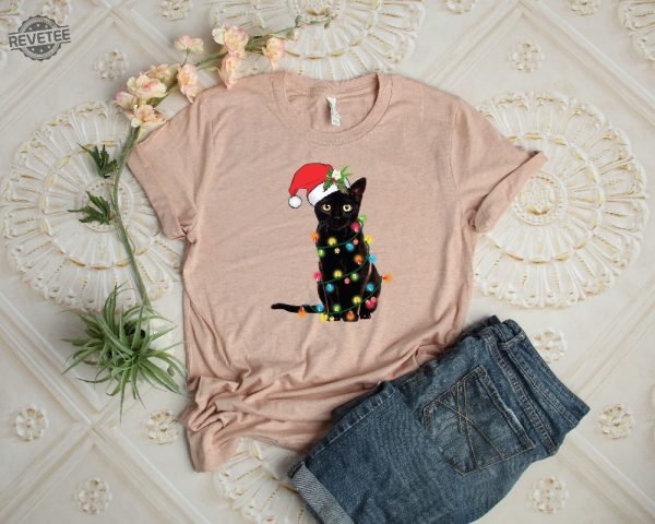 Black Cat Christmas Tree Lights Shirt Christmas Shirt Women Christmas Shirt Christmas Gift Christmas Family Shirt Xmas Matching Pajama Unique revetee 3