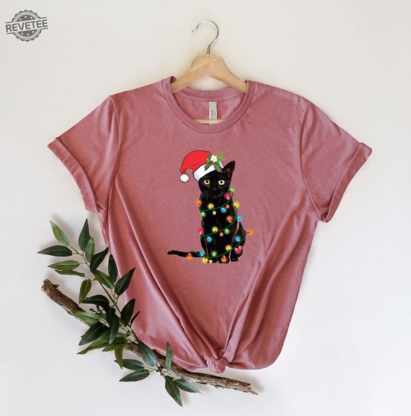 Black Cat Christmas Tree Lights Shirt Christmas Shirt Women Christmas Shirt Christmas Gift Christmas Family Shirt Xmas Matching Pajama Unique revetee 4