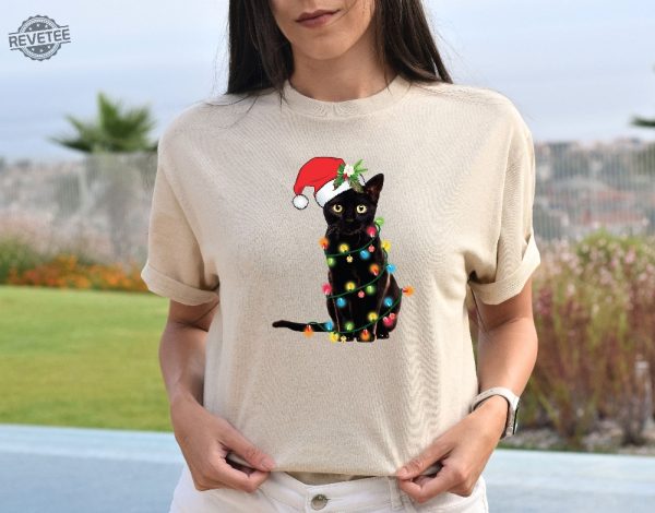 Black Cat Christmas Tree Lights Shirt Christmas Shirt Women Christmas Shirt Christmas Gift Christmas Family Shirt Xmas Matching Pajama Unique revetee 5