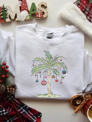 Christmas Palm Tree Shirt Tropical Xmas Gift Florida Christmas Shirt Beach Aloha Christmas Tee Santa July Hawaiian Shirts Xmas Tree Unique revetee 2 2