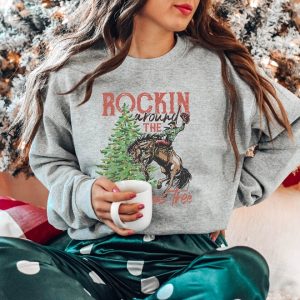 Rocking Around The Christmas Tree Sweatshirt Retro Christmas Western Shirt Cowboy Christmas Shirt Yee Haw Howdy Christmas Womens Christmas Unique revetee 2