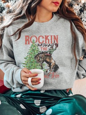 Rocking Around The Christmas Tree Sweatshirt Retro Christmas Western Shirt Cowboy Christmas Shirt Yee Haw Howdy Christmas Womens Christmas Unique revetee 2