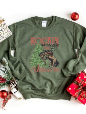 Rocking Around The Christmas Tree Sweatshirt Retro Christmas Western Shirt Cowboy Christmas Shirt Yee Haw Howdy Christmas Womens Christmas Unique revetee 3