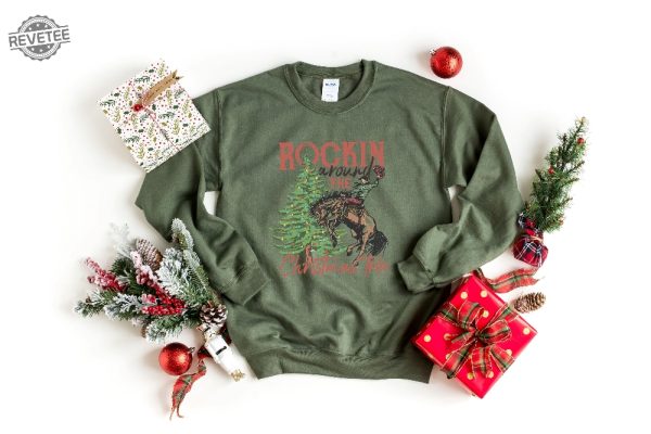 Rocking Around The Christmas Tree Sweatshirt Retro Christmas Western Shirt Cowboy Christmas Shirt Yee Haw Howdy Christmas Womens Christmas Unique revetee 3