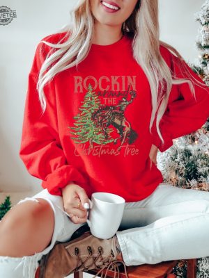 Rocking Around The Christmas Tree Sweatshirt Retro Christmas Western Shirt Cowboy Christmas Shirt Yee Haw Howdy Christmas Womens Christmas Unique revetee 4