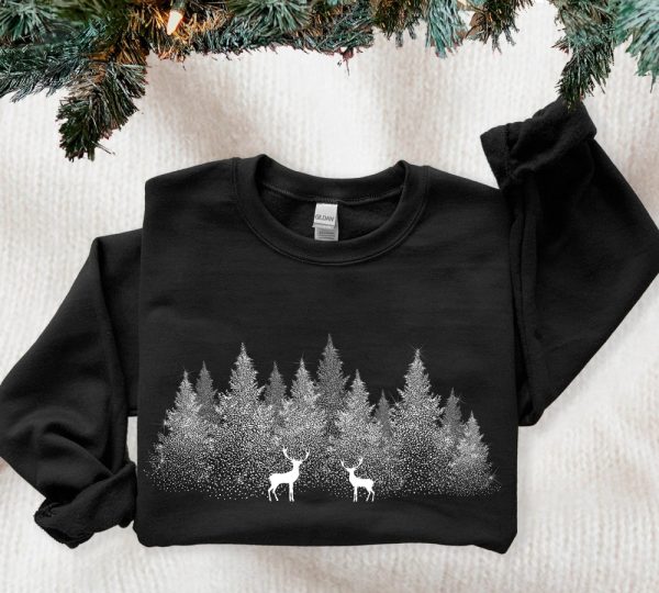 Winter Christmas Sweatshirt Forest With Reindeers Nature Sweatshirt Christmas Sweatshirt Winter View Sweater Reindeer Sweatshirt Snow Shirt Unique revetee 6