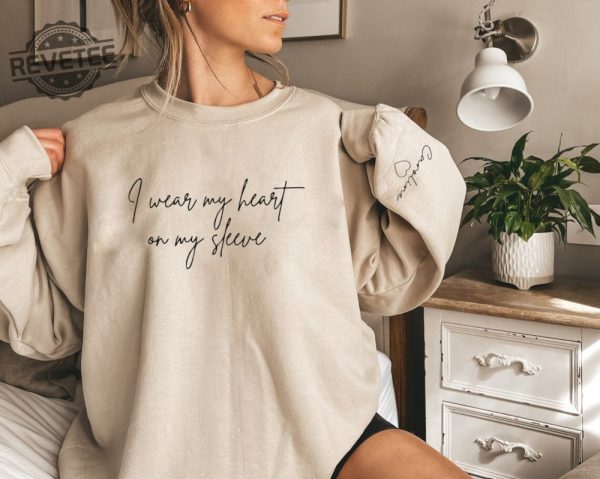 I Wear My Heart On My Sleeve Sweatshirt Personalized Sweatshirt With Kids Name On Sleeve Christmas Gift For Mom Custom Mom Sweatshirt Unique revetee 2