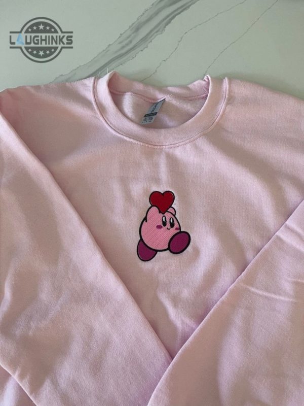 kirby tshirt sweatshirt hoodie embroidered kirby smart shirts pink kirby heart embroidery tee vintage kirby plush game merch mens womens laughinks 2