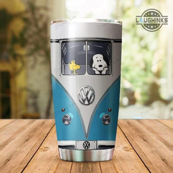 snoopy and woodstock driving blue vw volkswagen van for coffee or tea lovers the peanuts 20oz 30oz stainless steel cups thanksgiving christmas birthday gift laughinks 1