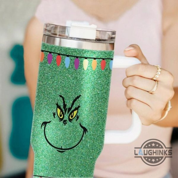 grinch tumblers christmas grinchmas cups with handle faux glitter 40oz mean grinch stainless steel stanley cup how the grinch stole christmas 40 oz xmas travel mugs laughinks 1
