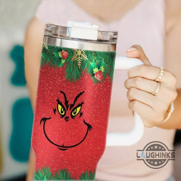grinch christmas 40oz tumbler merry grinchmas holiday version red faux glitter pattern stainless steel stanley cup the grinch stole christmas 40 oz xmas travel mugs laughinks 1 1