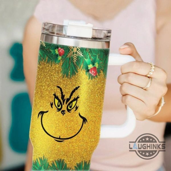 40oz tumbler the grinch face yellow faux glitter cups the grinch who stole christmas 40 ounce stainless steel stanley cup 40 oz xmas travel mugs merry grinchmas laughinks 1