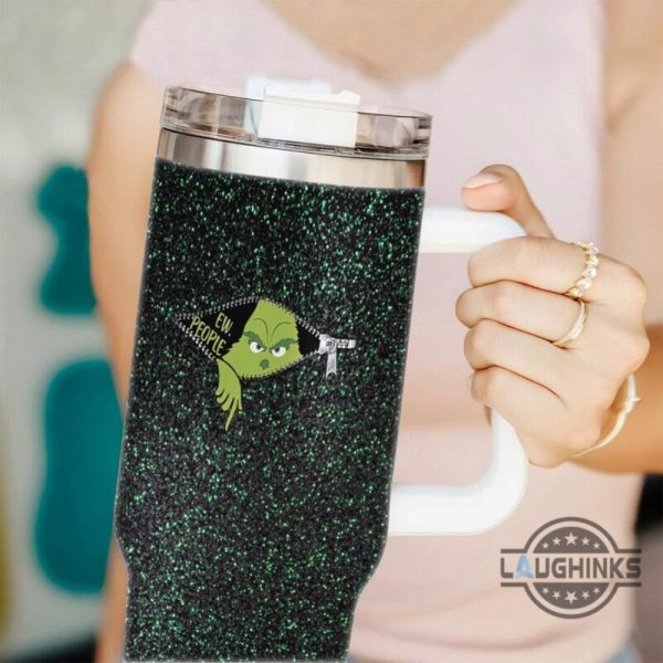 40oz mean grinch christmas tumbler ew people faux glitter pattern cup with handle merry grinchmas stainless steel stanley cup 40 oz xmas travel mugs laughinks 1