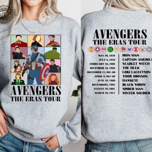 Avengers The Eras Tour Shirt Marvel Super Hero Sweatshirt Scarlet Witch Hulk Shirt Black Widow Tee Spiderman Winter Soldier Iron Man Unique revetee 2