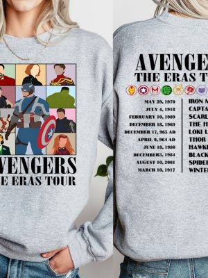 Avengers The Eras Tour Shirt Marvel Super Hero Sweatshirt Scarlet Witch Hulk Shirt Black Widow Tee Spiderman Winter Soldier Iron Man Unique revetee 2