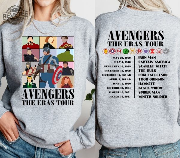 Avengers The Eras Tour Shirt Marvel Super Hero Sweatshirt Scarlet Witch Hulk Shirt Black Widow Tee Spiderman Winter Soldier Iron Man Unique revetee 2