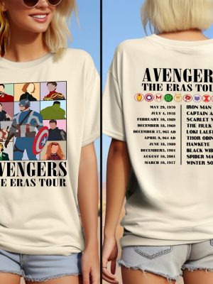 Avengers The Eras Tour Shirt Marvel Super Hero Sweatshirt Scarlet Witch Hulk Shirt Black Widow Tee Spiderman Winter Soldier Iron Man Unique revetee 3