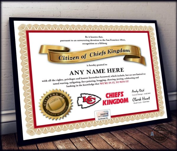 citizen of chiefs kingdom framed poster certificate diploma canvas printed poster with frame kansas city chiefs wall art kc room decoration nfl football fan gift laughinks 1