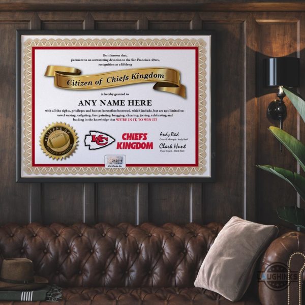 citizen of chiefs kingdom framed poster certificate diploma canvas printed poster with frame kansas city chiefs wall art kc room decoration nfl football fan gift laughinks 1 1