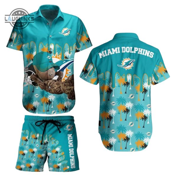 miami dolphins nfl hawaiian shirt groot graphic new summer perfect best gift ever marvel hugs sports football aloha shirt and shorts set laughinks 1