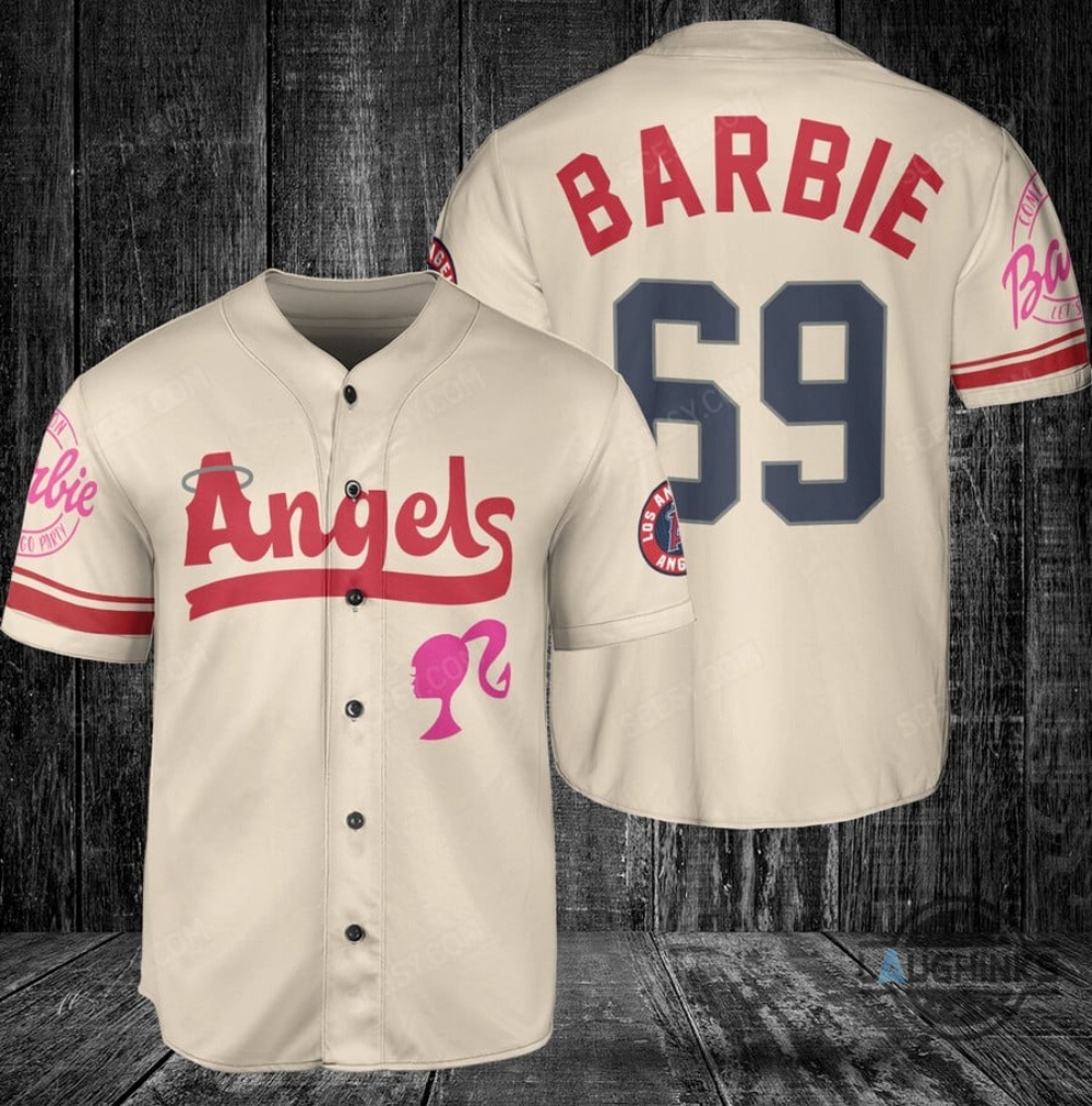 Los Angeles Angels Barbie Baseball Jersey Cream Custom Name And Number 2023 All Over Printed Sports X Barbie Movie Jersey Shirts