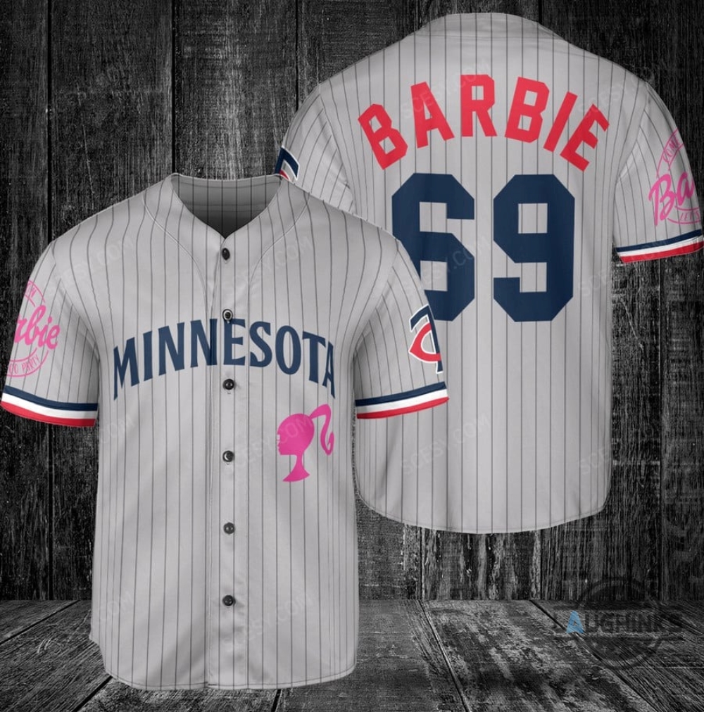 Minnesota Twins Barbie Baseball Jersey Gray Road Custom Name And Number 2023 All Over Printed Sports X Barbie Movie Jersey Shirts
