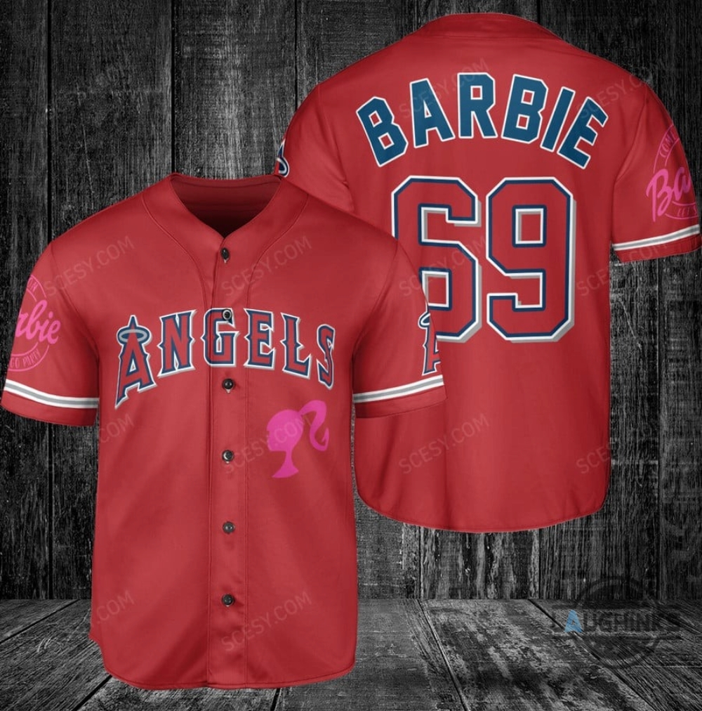 Los Angeles Angels Barbie Baseball Jersey Red Custom Name And Number 2023 All Over Printed Sports X Barbie Movie Jersey Shirts