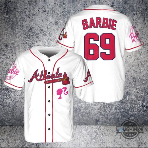 atlanta braves barbie baseball jersey white custom name and number 2023 all over printed sports x barbie movie jersey shirts laughinks 1
