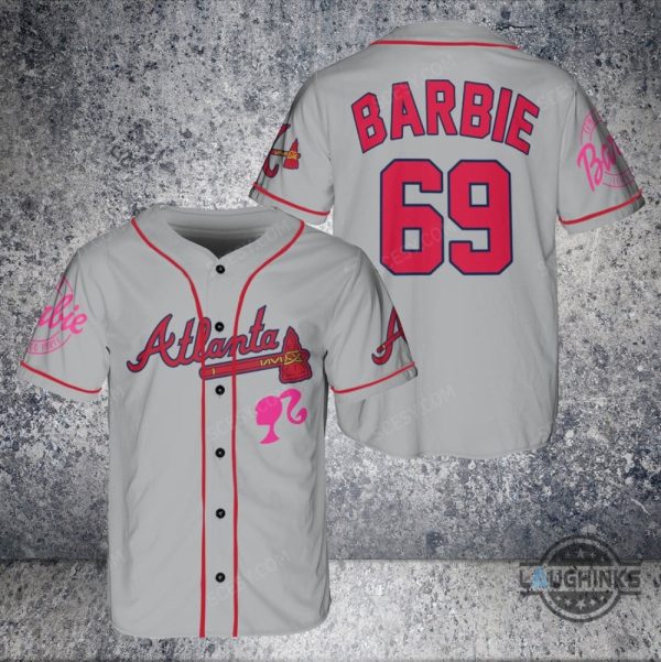 atlanta braves barbie baseball jersey gray custom name and number 2023 all over printed sports x barbie movie jersey shirts laughinks 1