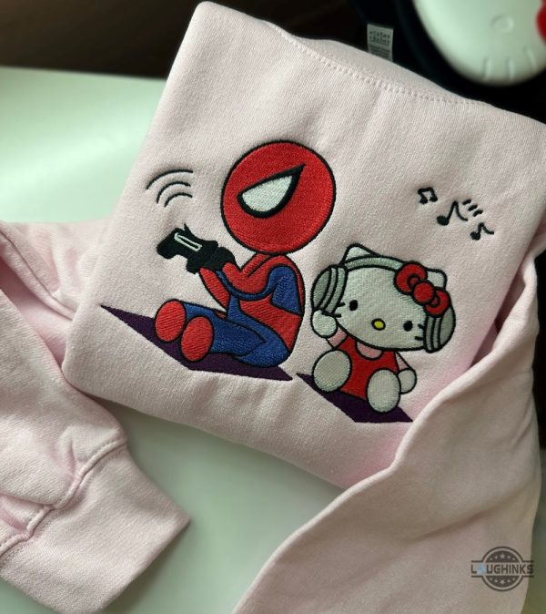 hello kitty spiderman embroidered sweatshirt t shirt hoodie mens womens sanrio kitty music x marvel spider man video game embroidery crewneck shirts laughinks 1