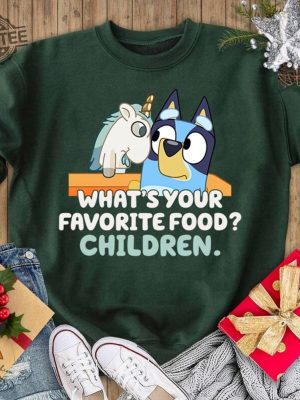 Bluey Unicorse Shirt Blue Heeler Shirt Dad Shirt Mum Shirt Bandit Shirt Blue Bingo Shirt Bluey Birthday Party Whats Your Favorite Food Unique revetee 4