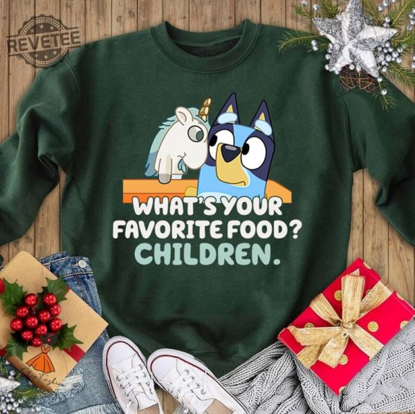 Bluey Unicorse Shirt Blue Heeler Shirt Dad Shirt Mum Shirt Bandit Shirt Blue Bingo Shirt Bluey Birthday Party Whats Your Favorite Food Unique revetee 4