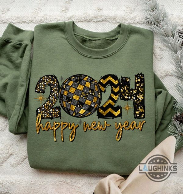 happy new year 2024 shirt sweatshirt hoodie mens womens kids faux glitter sequins 2d printed holiday 2024 tshirt disco ball new year boujee bougie retro gift laughinks 1