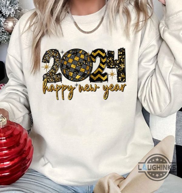 happy new year 2024 shirt sweatshirt hoodie mens womens kids faux glitter sequins 2d printed holiday 2024 tshirt disco ball new year boujee bougie retro gift laughinks 3