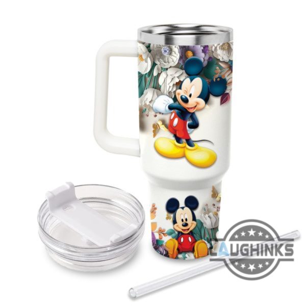 disney stanley cup 40 oz custom name mickey mouse 3d colorful flower pattern 40oz stainless steel tumbler with handle and straw lid personalized cups laughinks 1