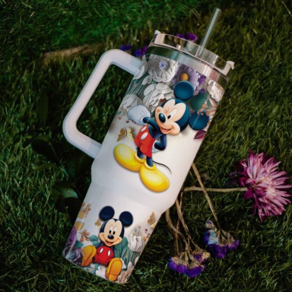 disney stanley cup 40 oz custom name mickey mouse 3d colorful flower pattern 40oz stainless steel tumbler with handle and straw lid personalized cups laughinks 4